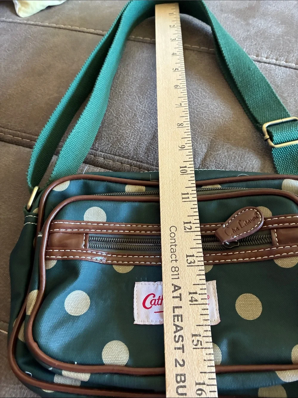 Cath Kidston Green Polka Dot Messenger Bag with Brown Trim